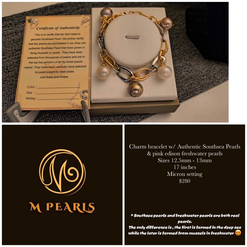 Pearl Gold and Silver Charm Bracelet with Southsea Pearls